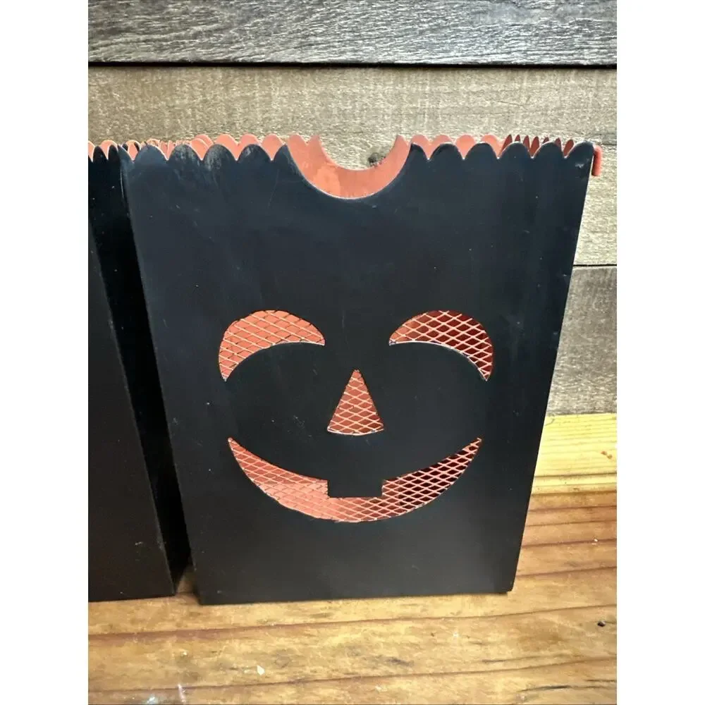 Dept 56 Halloween Metal Luminary Candle Holders Cat/Jack O Lantern Set Of 2